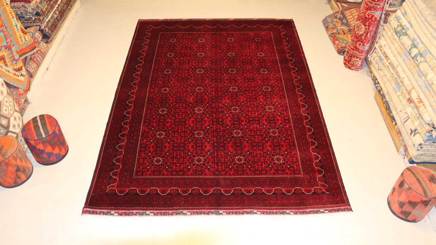 Red Afghan Turkmen Bukhara Fine Rug – 11.4X8.1FT.