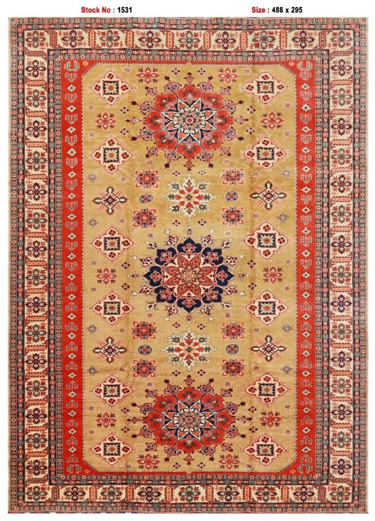 Afghan Handmade Medallion Design with Red Border Rug, Size-488x295cm, 16.1×9.6.1 Ft.