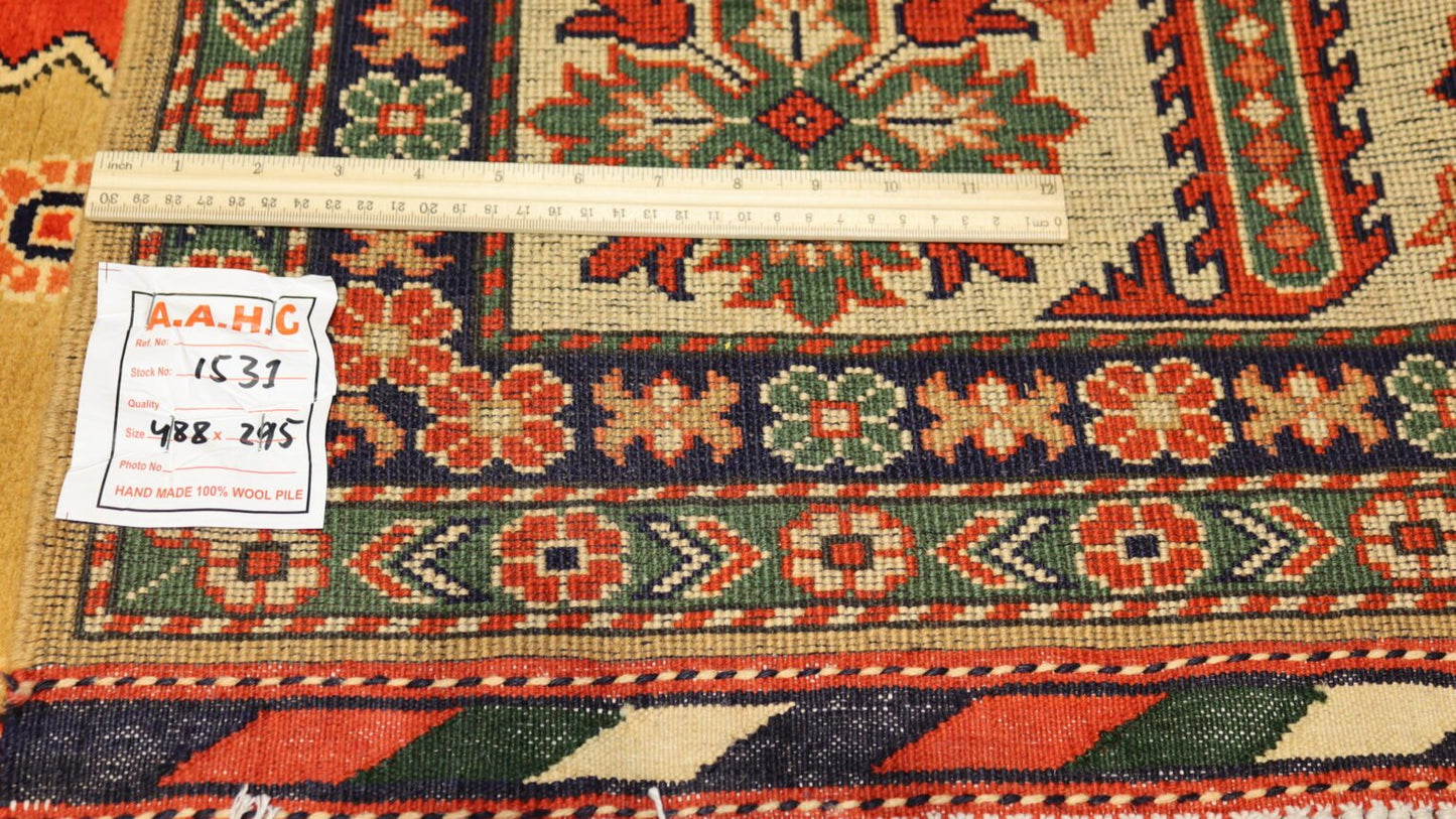 Afghan Handmade Medallion Design with Red Border Rug, Size-488x295cm, 16.1×9.6.1 Ft.