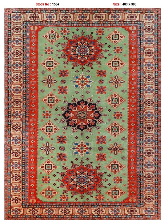 Afghan Handmade Medallion Design with Red Border Rug, -483x308cm, 15.7×10.1 Ft.