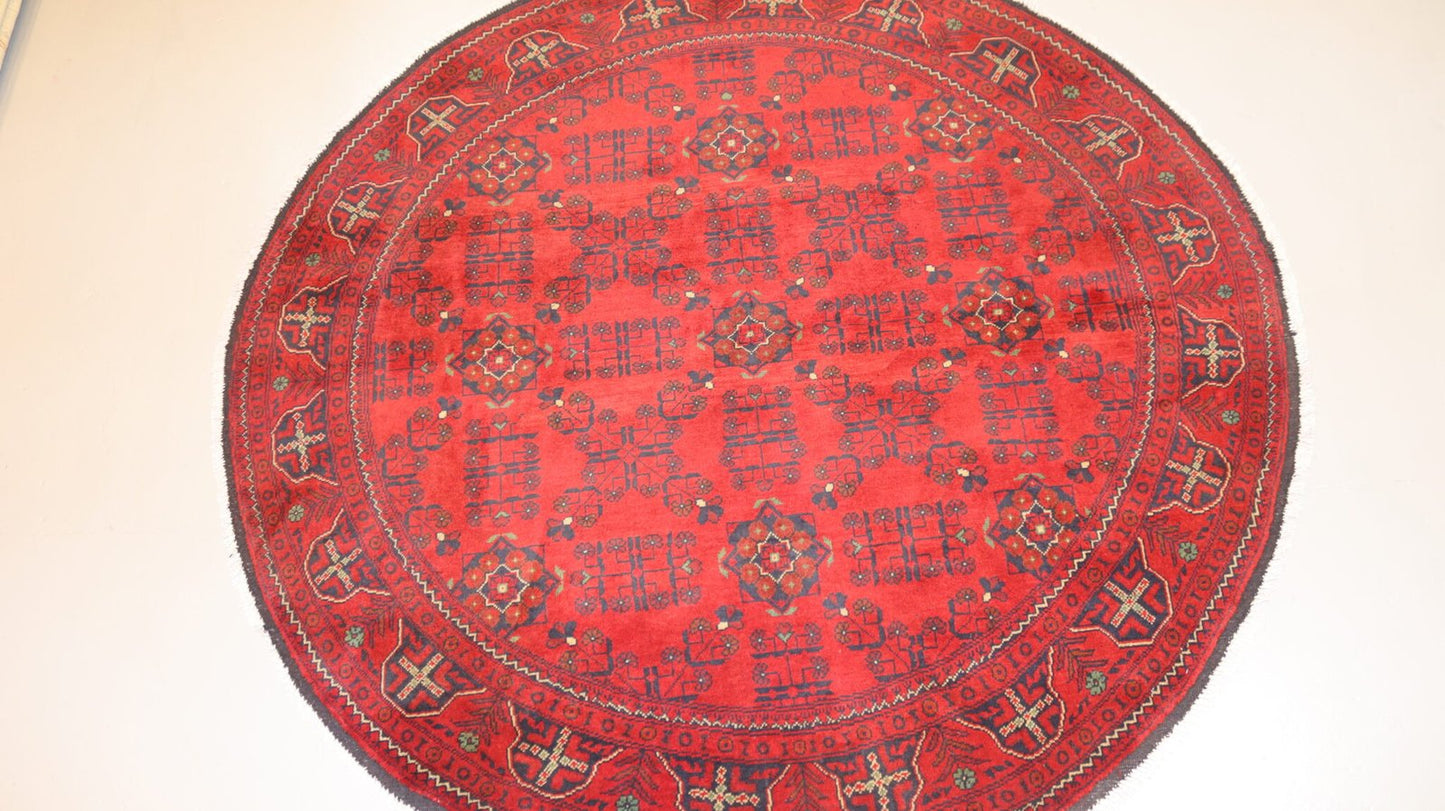 Afghan Handmade Red color Round Rug -Size- 200 X 200 Cm–6.5 X 6.5 Ft.